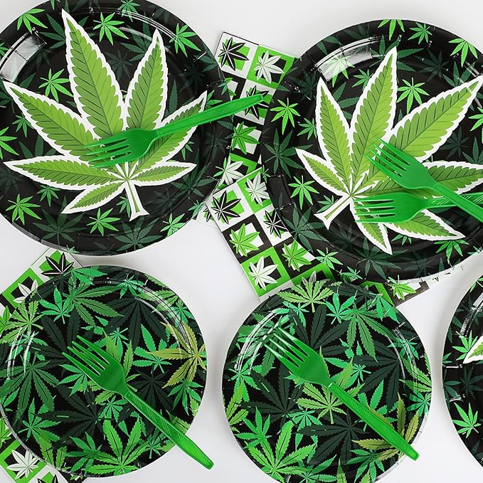gisgfim 96 Pcs Weed Themed Plates and Napkins Party Supplies Green Pot Leaves Birthday Tableware Set Weed Party Decorations Favors for Adults Birthday for 24 Guests