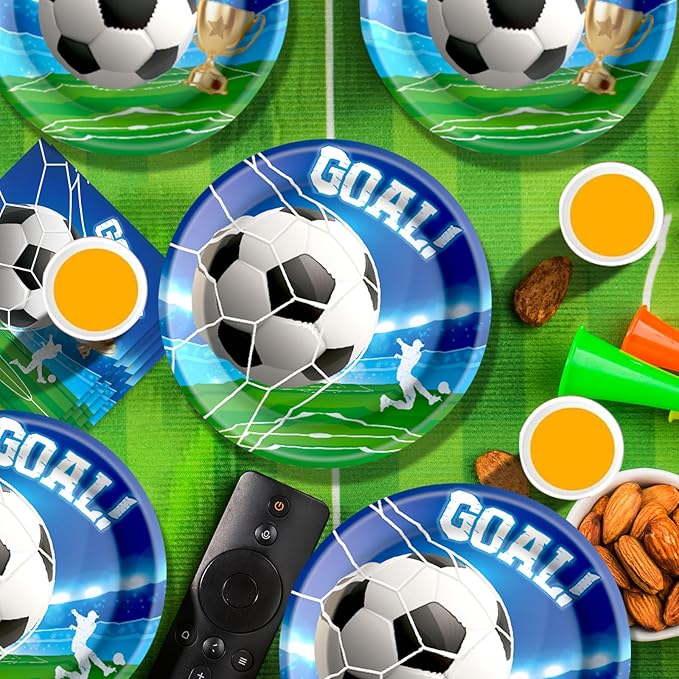 Soccer Birthday Party Decorations Set Includes Dinner Plates, Napkins, Cups, Banner and Tablecloth for Soccer Sports Theme Birthday Decorations, Serve 24