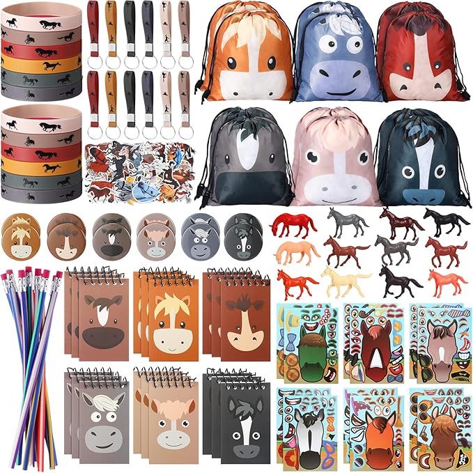 Liliful 114 Pcs Horse Themed Party Favor Supplies with Drawstring Bag Keychain Rubber Wristbands Badges Puzzle Stickers Notepads Soft Pencils Simulated for Horses Party Decoration