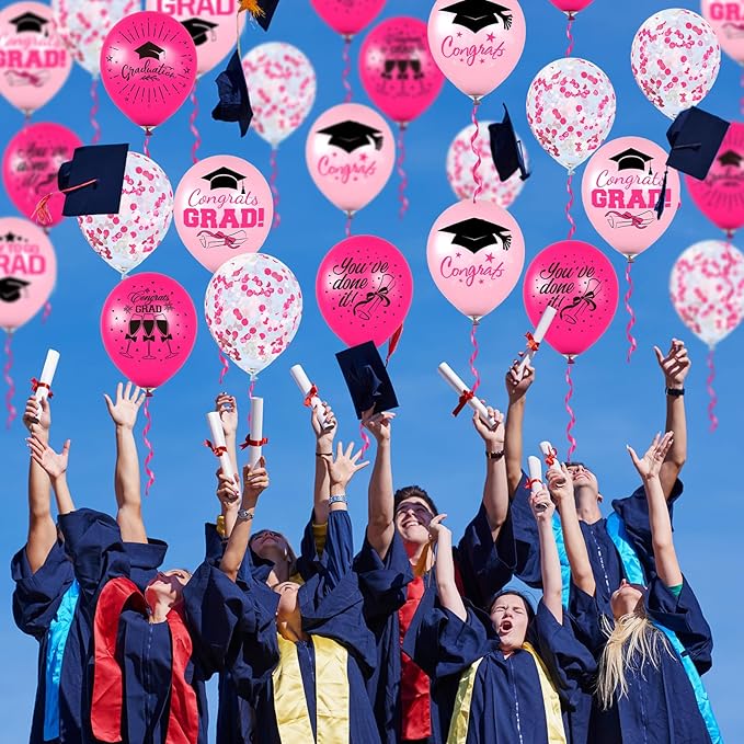 Whaline 60Pcs Graduation Party Balloon Set 7 Designs Confetti Latex Balloon with 2 Rolls Ribbon Congrats Grad Cap Balloons for Party Decor Supplies (Pink, Hot Pink)