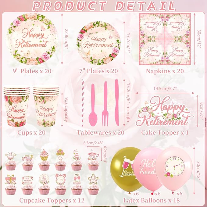 Floral Retirement Party Decorations - Pink Retirement Party Supplies including Backdrop, Plate, Cake Topper, Cup, Napkin, Balloon, Tablecloth - Serves 20