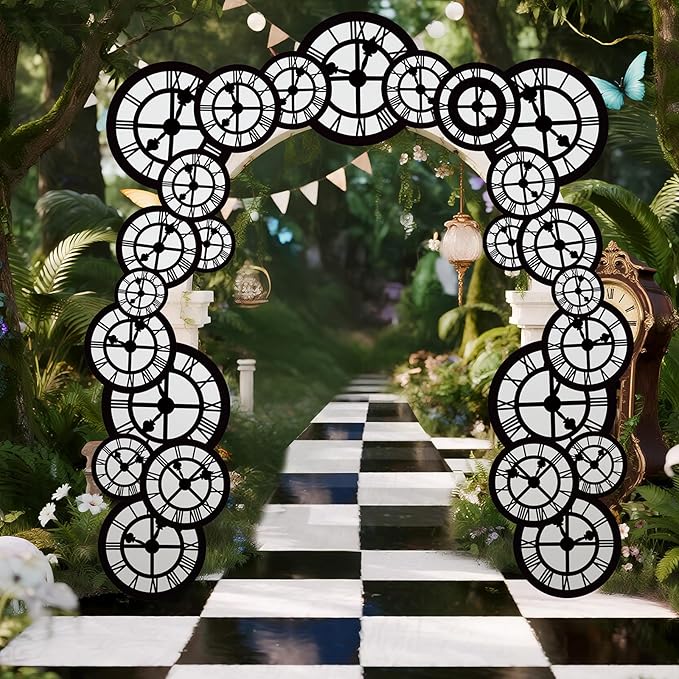 Preboun Wonderland Tea Party Decoration 6.56 x 4.9 ft Clock Door Banner Wonderland Garland Photo Props Background for Birthday Baby Shower Tea Party Supplies