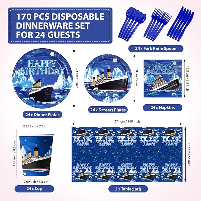 170Pcs Nautical Birthday Party Supplies Cruise Ship Plates and Napkins Cups Forks Tablecloth Ocean Cruise Liner Theme Tableware Sets for Kids Adults Birthday Baby Shower Party Favors Serves 24