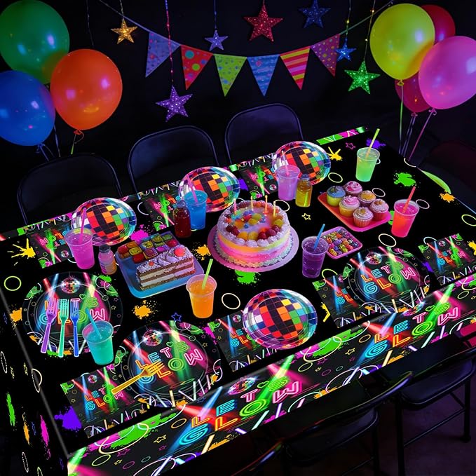 81Pcs Neon Party Supplies Set - Serves 20, Glow in the Dark Party Supplies, Includes Plates, Napkins, Fork, Tablecloth for Halloween Glow Birthday Decorations