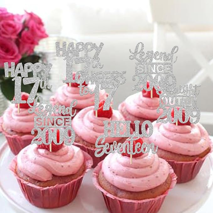 30PCS Silver 17th Birthday Cupcake Toppers Glitter Seventeen Happy 17th Straight Outta 2009 Cupcake Picks for Cheers to 17 Years Birthday Anniversary Party Cake Decorations Supplies