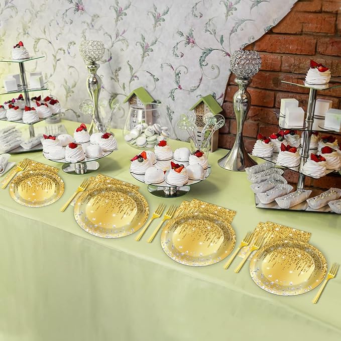 96 PCS Golden Birthday Party Decorations Tableware Set for Golden Themed Happy Birthday Supplies Diamond Gold Plates Napkins Forks for 24 Guests Men Women Anniversary Engagement Wedding Party Favors