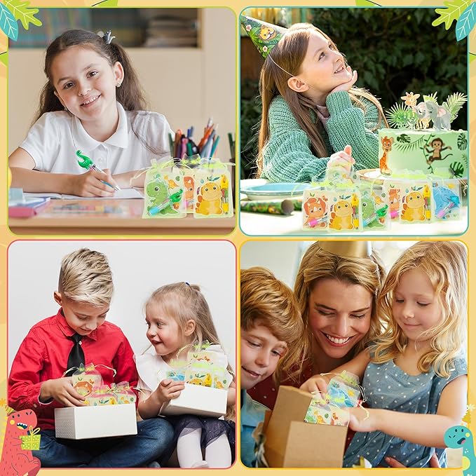 CY2SIDE Dinosaur Stationery Party Gift - 24 Pack Spring Stuffers Prizes with Dino 4-in-1 Ballpoint Pens Sticky Notes Stickers and Organza Animal Party Favors Goodie Bag Fillers for School Rewards