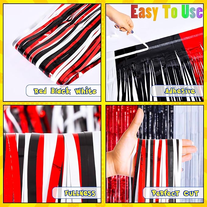 23Pcs Cartoon Ball Birthday Decorations, Red Black White 3.3x8.2ft Tinsel Foil Fringe Curtains Banners and Cute Balloons for Anime Pika Theme Birthday Party Decorations Boys and Girls Party Supplies