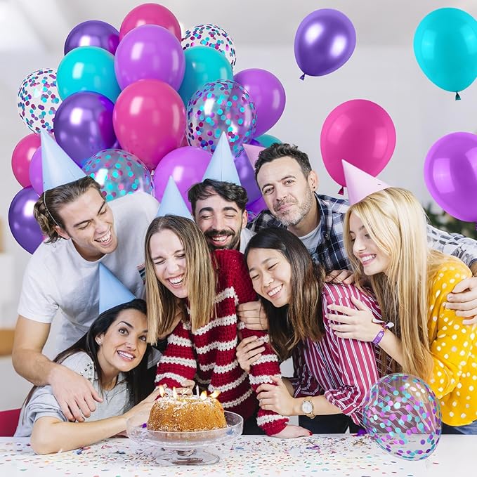 Hot Pink Blue Purple Balloons, 50PCS 12Inches Hot Pink Purple Teal Latex Balloon with Confetti Metallic Balloons for Girls Women Theme Birthday Baby Shower Wedding Party Decoration