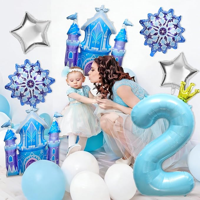 7Pcs 2nd Birthday Party Decorations Balloons,Winter Snowflake Balloons Large Blue 40 Inch Number 2 Balloon Foil Star Castle Ballon for Birthday Party Favor Decor Supplies Winter Wonderland Decoration