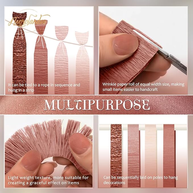 NICROLANDEE Wedding Party Supplies - 8 Rolls Rose Gold Crepe Paper Streamers Tassels Streamer Paper for Wedding Valentine's Day Birthday Baby Bridal Shower Family Gathering Decorations, 82ft Long
