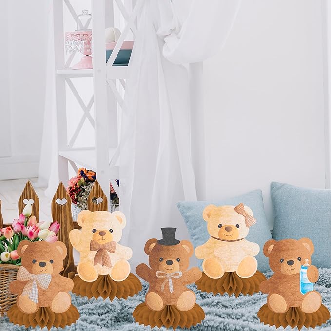 9pcs Teddy Bear Honeycomb Centerpieces Teddy Bear Birthday Decorations Bear Themed Table Decorations for Kids Teddy Bear Themed Birthday Party Gender Reveal Party Supplies