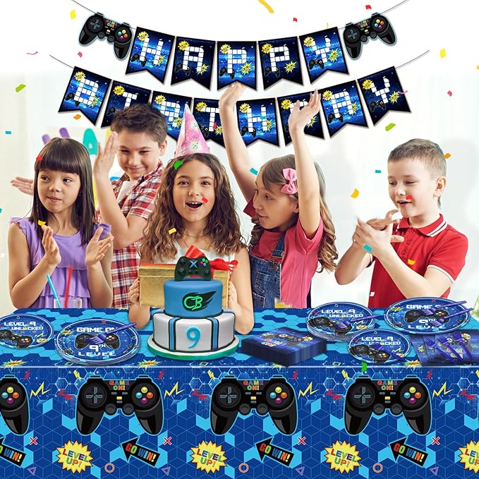 81 Pcs Video Game Party Supplies - 9th Birthday Video Game Party Decor Dinner Plates Napkins Video Game Tablecloth Forks Gaming Party Pack for Kid Boy 9th Birthday Party, Serves 20 (9th)