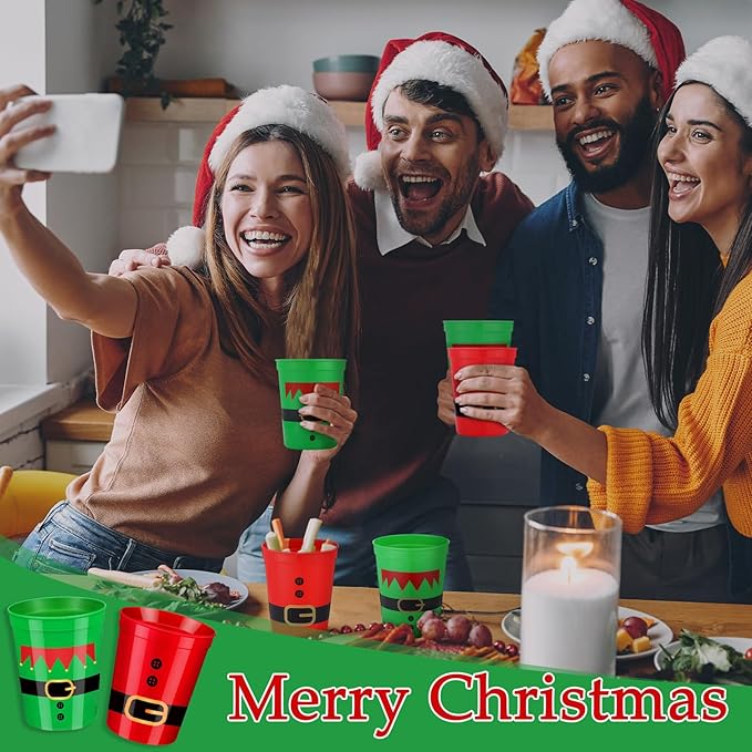 Norme 24 Pcs Christmas Santa Cups Bulk Red and Green Reusable Plastic Cups 16 oz Christmas Party Supply Santa Drink Table Supply for Xmas Family Dinner Housewarming