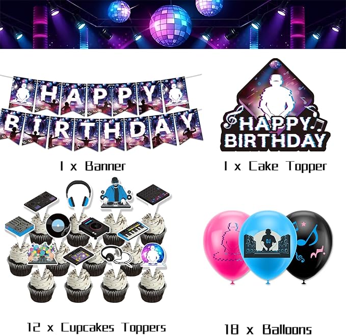 DJ Party Supplies DJ Birthday Party Decorations Includes Happy Birthday Banner Cake Topper Cupcake Toppers Balloons for Rock DJ Theme Birthday Party Music Party