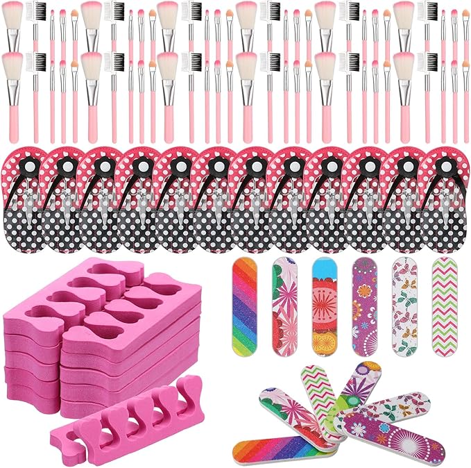 12 Sets Spa Sleepover Party Supplies Party Favors Include Nail Clipper Set, Makeup Brushes, Rose Red Toe Separators, Nail Files for Women Spa Movie