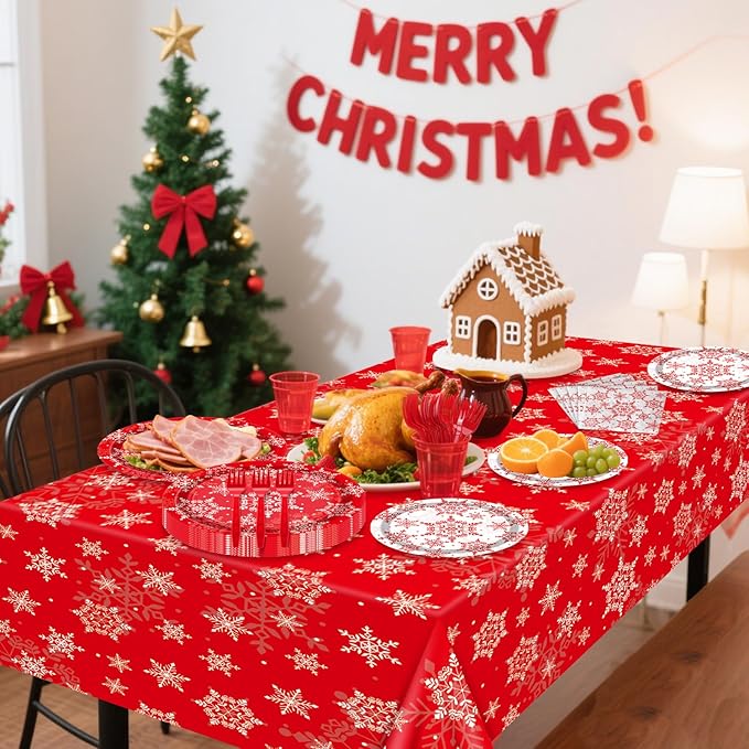 Christmas Snowflakes Plates Set for 20 Guests, Including Red Snowflakes Tablecloth, Napkins, Forks and Plates for Xmas Winter Holiday New Year Party Decorations
