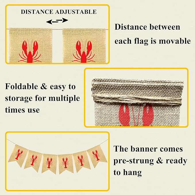 Burlap Crawfish Banner Red Lobster Garland Crawfish Boil Decorations for Birthday Lobster Festival Barbecue Party Supplies Indoor Outdoor Welcome Sign Mantle Fireplace Decoration