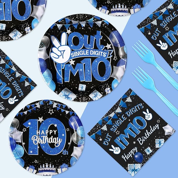 96 Pcs 10th Birthday Decorations for Boys 350 GSM Blue and Black 10th Birthday Plates and Napkins Disposable Out Single Digits I'm 10 Tableware Set for Kids 10 Year Old birthday Decorations Serves 24