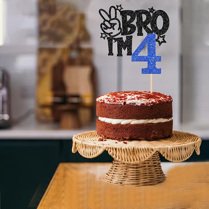1 PCS Brother I'm 4 Cake Topper Glitter Star Happy 4th Birthday Cake Pick Bro I'm 4 Cake Decoration It's My 4th Birthday Decorations for Boys Cheers to 4 Years Old Birthday Party Supplies Blue