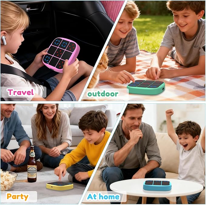 Rechargeable Tic-Tac-Toe Bolt Game, Upgraded 4-in-1 Handheld Puzzle Console, Electronic Educational Memory Game, Portable Travel Car Ride Board Games for Kids Adults (Blue)