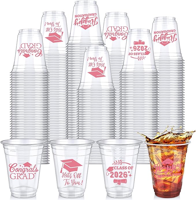 Eaasty 100 Pcs 12oz Graduation Cups 2026 Disposable Plastic Cups for Class of 2026 Graduation Party Congrats Grad Elegant Party Supplies Tableware Decorations (Pink)