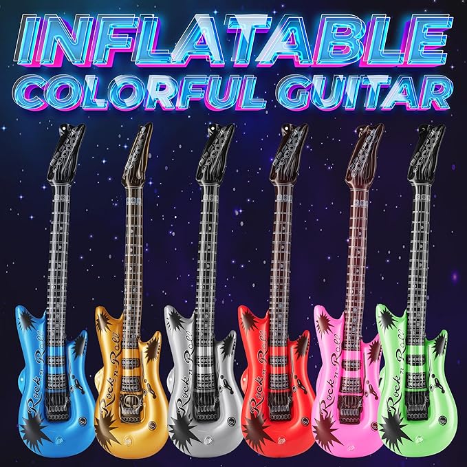 Inflatable Guitars With Strap - (pack Of 12) 36-inch Colorful Blow Up Guitar, Party Favors, DJ-props, Photo-booth, Birthdays, Rock Star, Rock And Roll Party Decorations, 80s 90s Party Supplies