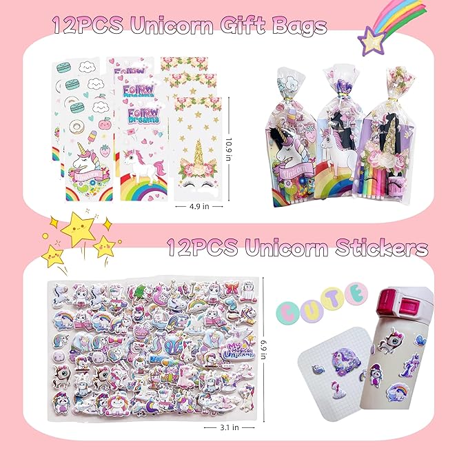 Unicorn Party Favors, 12 Pack Unicorn Birthday Party favors Supplies, Birthday Gifts Bags Coloring Books Slap Bracelets Stickers Bookmarks