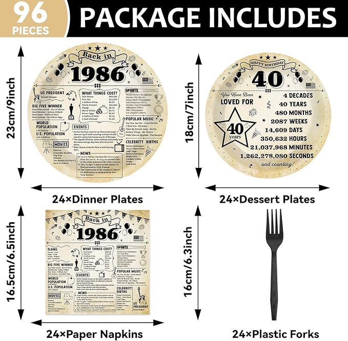 CHUNNIN 96Pcs 40th Birthday Plates and Napkins Back in 1986 Party Decorations Vintage 40 Year Old Party Dessert Plates 1986 Birthday Tableware for 24 Guests 40th Theme Men Woman Bday Parties Supplies