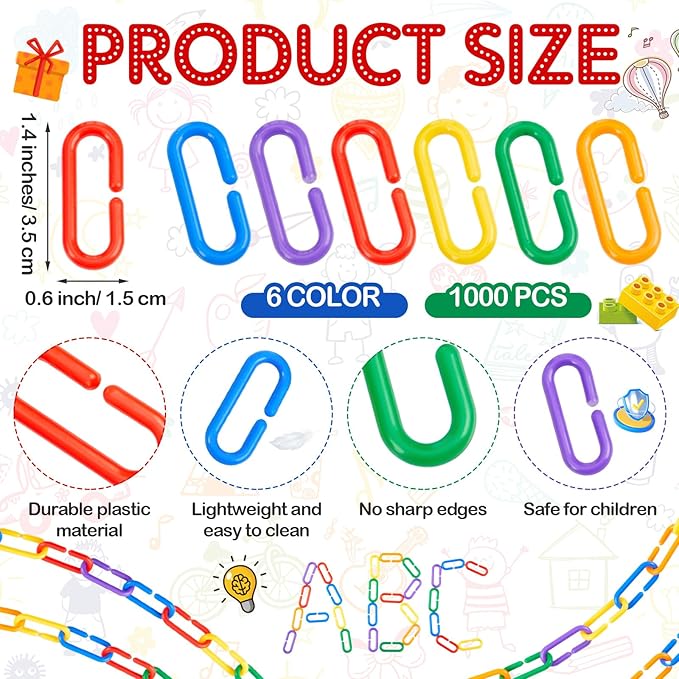 Wettarn Bucket of 1000 Pcs Rainbow C Clip Hooks Chain Links Operation Christmas Plastic Kids Counting Toys Bulk Math Manipulatives Counters for Learning Supplies DIY Education Gifts Fine Motor Skill