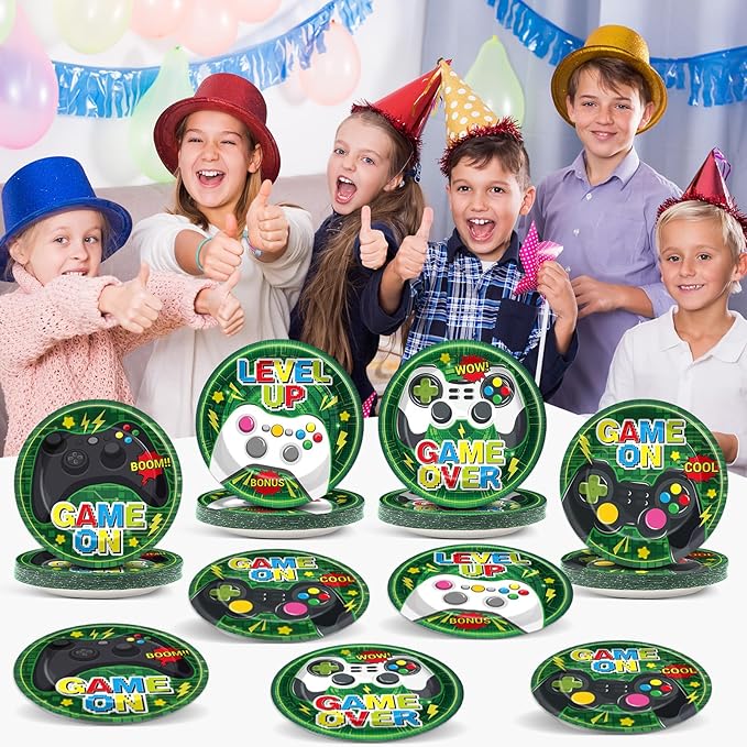 48PCS Video Game Party Paper Plates for Video Game Birthday Themed Party Supplies 7" Boys Gamer kids Disposable Plates Green Gaming Controller Dessert Level Up Plate for Baby Shower Favors Decorations