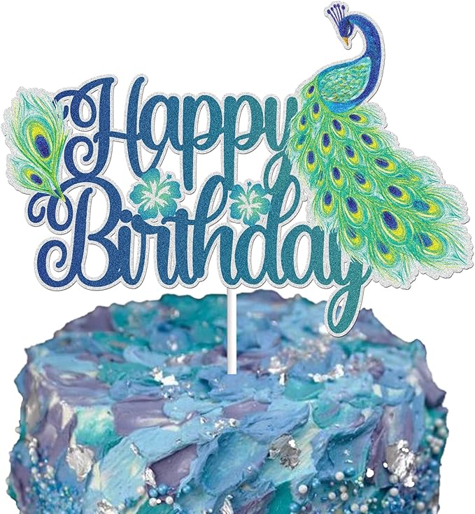 Peacock Happy Birthday Cake Topper Blue Colorful Glitter Peacock Zoo Animal Party Cake Decor Zoo Bird Theme Birthday Party Supplies for Kids Boys Girls