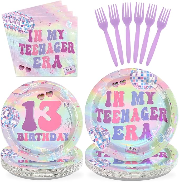 96Pcs In My 13th Birthday Era Party Decorations Era's 13 Birthday Plates and Napkins Set Music Iridescent Disco Decoration for Girls 13 Years Old Music Singer Friendship Bday Party Supplies Serves 24