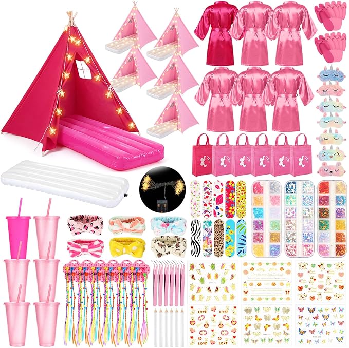 6 Set Sleepovers Teepee Tents Spa Party Robes Supplies Bulk with Inflatable Airbed and Light String, Party Supplies for Birthday Movie Spa Favors Gifts Indoor Outdoor(5 Pink,1 Rose Red)