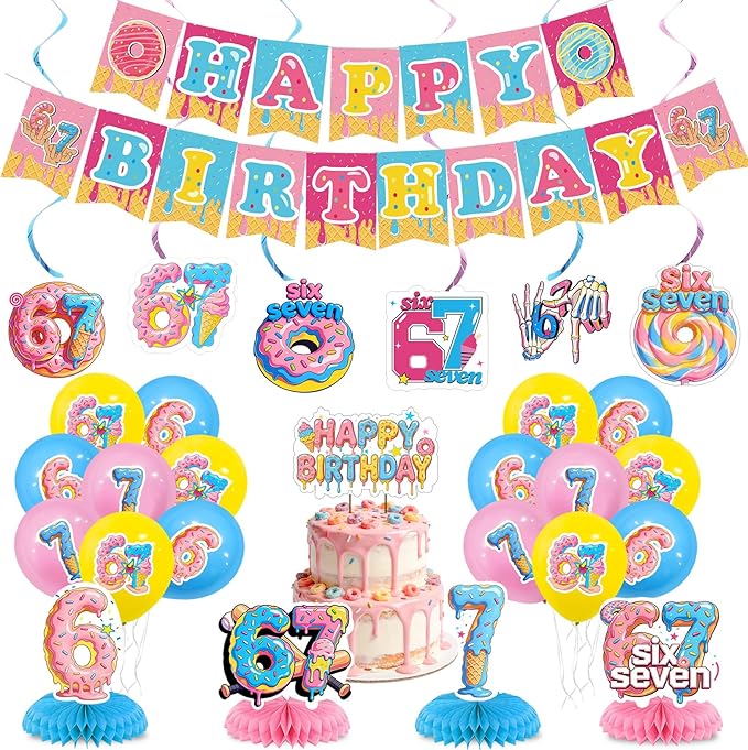 6 7 Birthday Decorations Funny 6 7 Happy Birthday Banner Six Seven Theme Party Supplies Blue Pink Birthday Party Decor for Kids Teens Adults Table centerpiece Decorations