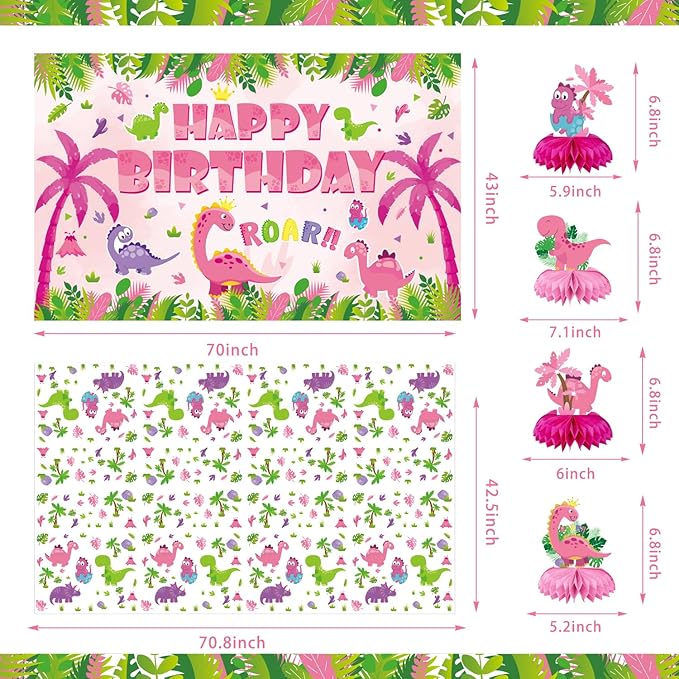 Girl Dinosaur Party Supplies, 206Pcs Pink Dinosaur Dino Themed Bday Party Decor Decorations for Girls - Backdrop, Banner, Tablecloth, Centerpieces, Plates, Stickers, Wall Signs