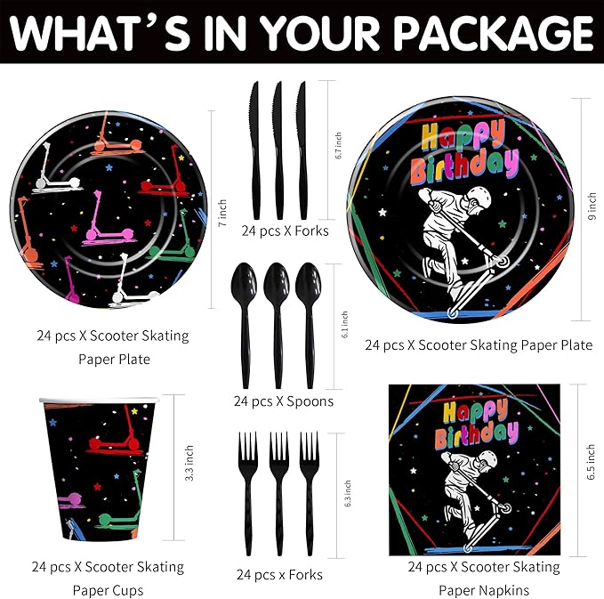 Scooter Birthday Decorations Tableware, Scooter Skating Party Supplies for Birthday Baby Shower, Paper Plate, Cup, Napkin, Disposable Cutlery | Serves 24