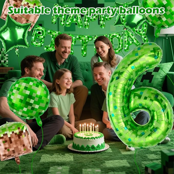 Green Pixel Themed Happy Birthday Banner Party Decorations Set Including 40 Inch Number 6 Foil Balloons, Themed Party Essentials, TNT Pixel Backdrop Supplies for Boys Indoor Outdoor Celebration