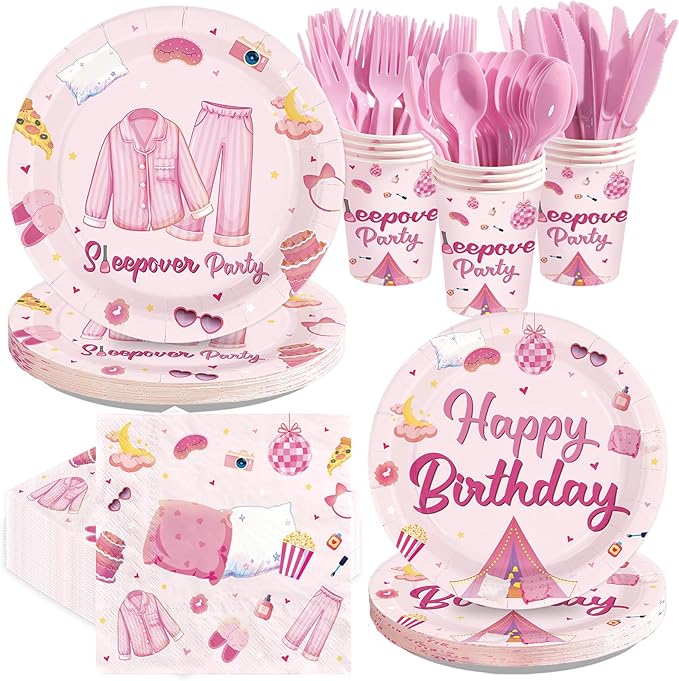 168Pcs Pink Sleepover Party Supplies for Girls Pajama Birthday Plates Napkins Cups Forks Knives Spoons Hot Pink Slumber Party Paper Tableware for Girls Night Birthday Slumber Party Supplies Serves 24