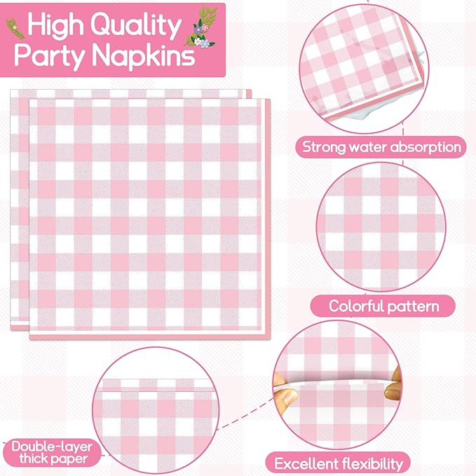ZOIIWA 96 Pcs Pink Plaid Party Decoration for 24 Guests Pink And White Checkered Plates Party Supplies Plaid Birthday Tableware Outdoor Supplies Girls Barbecue Picnic Plates Napkins Decor