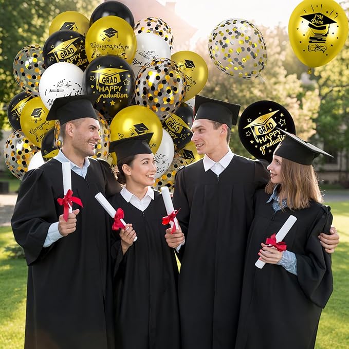 Graduation Party Decorations Balloons Set, 50PCS 12 Inch Black Gold White Confetti Party Latex Balloon for Class Of 2025 Graduation Party Decoration Supplies