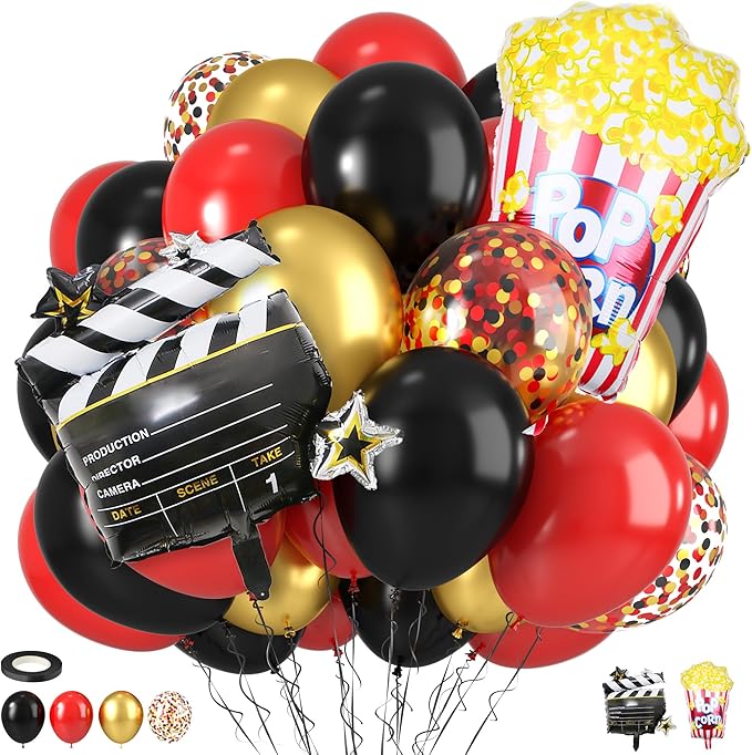 Movie Night Party Balloons, Red Black Gold Confetti Balloons with Film Clapboard and Pop Corn Foil Balloon for Boy Girl Movie Theme Party Decorations Graduation Baby Shower Birthday