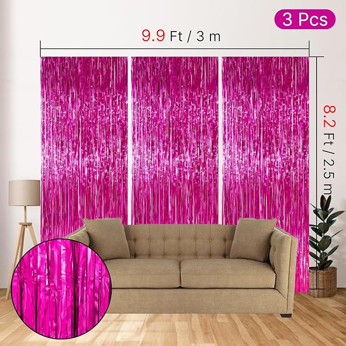 PartyWoo Hot Pink Foil Fringe Curtain Red Rose Streamers 3pcs 8.2ft Magenta Tinsel Backdrop Dark Pink Curtains for Birthday Barbie Theme Galentines Bachelorette Tequila Sunrise Party Decorations