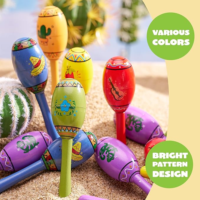 JOYIN 24 Mini Wooden Fiesta Maracas 6 Designs Noisemaker for Mexican Fiesta, Cinco De Mayo Party Favors, Musical Fun, Birthday Parties, Luau Party, Carnivals, Taco Tuesday Event