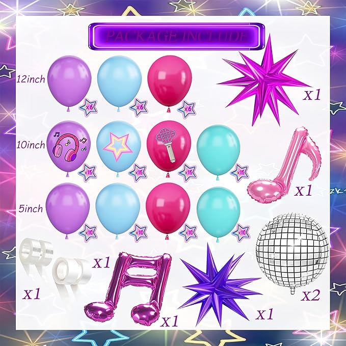 126 Piece Purple Blue And Pink Balloon Arch Kit, With Musical Symbols Print Balloons For Cartoon Magical Music Themed Birthday Party Decorations, Boys And Girls Gatherings Party Supplies