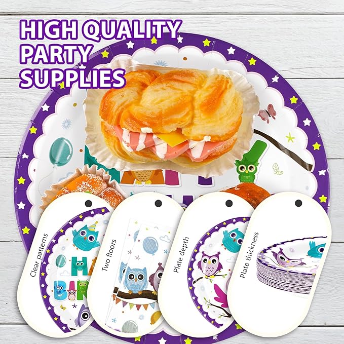96 Pcs Owl Birthday Party Supplies Cute Cartoon Owl Paper Plates and Napkins Disposable Animal Owl Theme Tableware Set Owl Birthday Party Decorations for Kids Boys Girls Birthday Baby Shower Serves 24