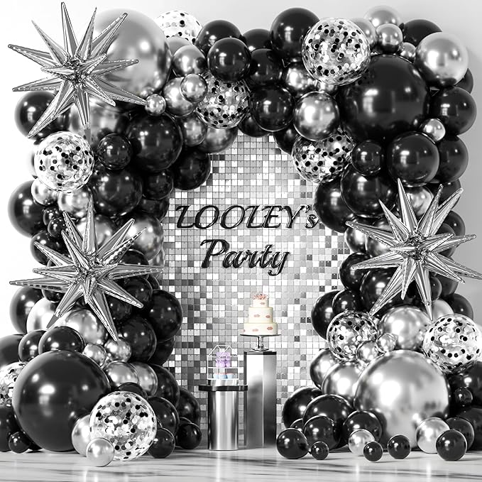137Pcs Black and Silver Balloons Garland Arch Kit with Stars - 5 10 12 18 inch Black Silver Confetti Latex Party Balloons for 2025 Graduation Retirement Birthday Anniversary
