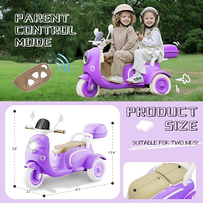 HEIMILI 12V Kids Electric Motorcycle for Girls, 3 Wheel Ride On Motorcycle for Kids 3-5 Years, Mini Battery Powered Motorbike with Bluetooth & MP3, Toddler Electric Ride On Toy, Purple