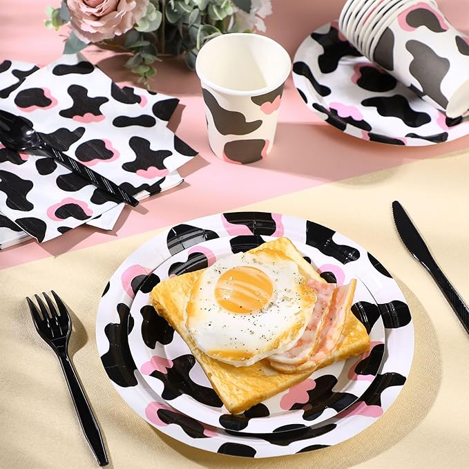Domensi 350 Pcs Pink Cowgirl Party Supplies Cow Party Tableware Set Serve 50 Cow Print Plates Napkins Cups Cow Theme Party Decoration for Cowgirl Cowboy Farm Animal Cow Theme Birthday Baby Shower