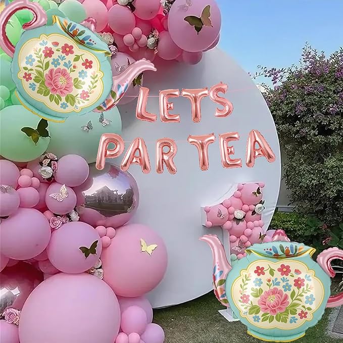LET'S PAR TEA Banner Balloons, 35" Huge Teapot Aluminum Foil Balloons for Birthday, Baby Shower, Wedding, Bridal, Engagement, Bachelorette, Princess, Garden Party Decorations Supplies
